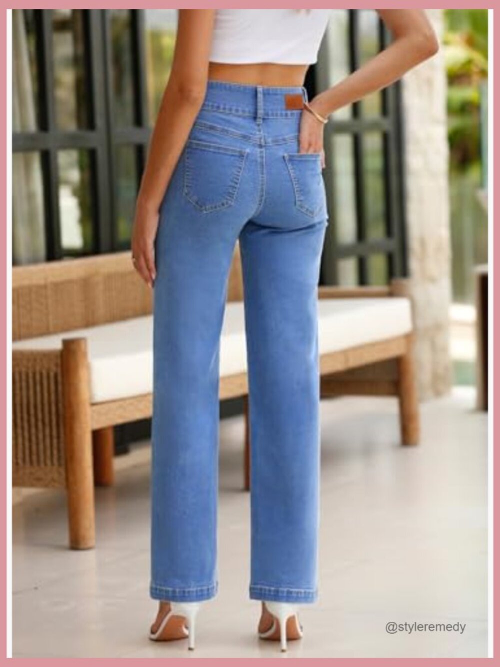 High Waisted Straight Leg Stretchy Jeans Wide Leg Denim Pants with Pockets - Picture 4 of 7